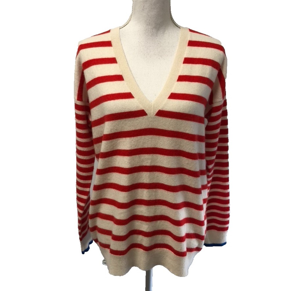 Chinti & Parker Cashmere Sweater Jumper Womens Small V Neck Red Stripe Preppy